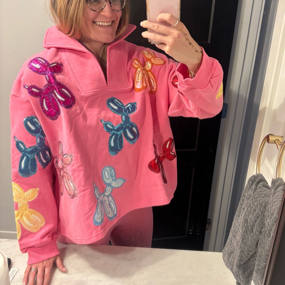 Queen Of Sparkles Balloon Dog Sweatshirt pullover Embroidered Pink Multicolor XL - Picture 5 of 12